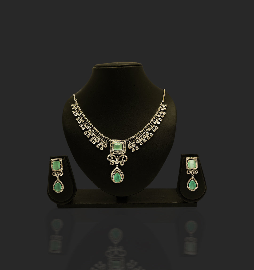 Green American Diamond Zircon Embellished Drop Pattern Necklace Set