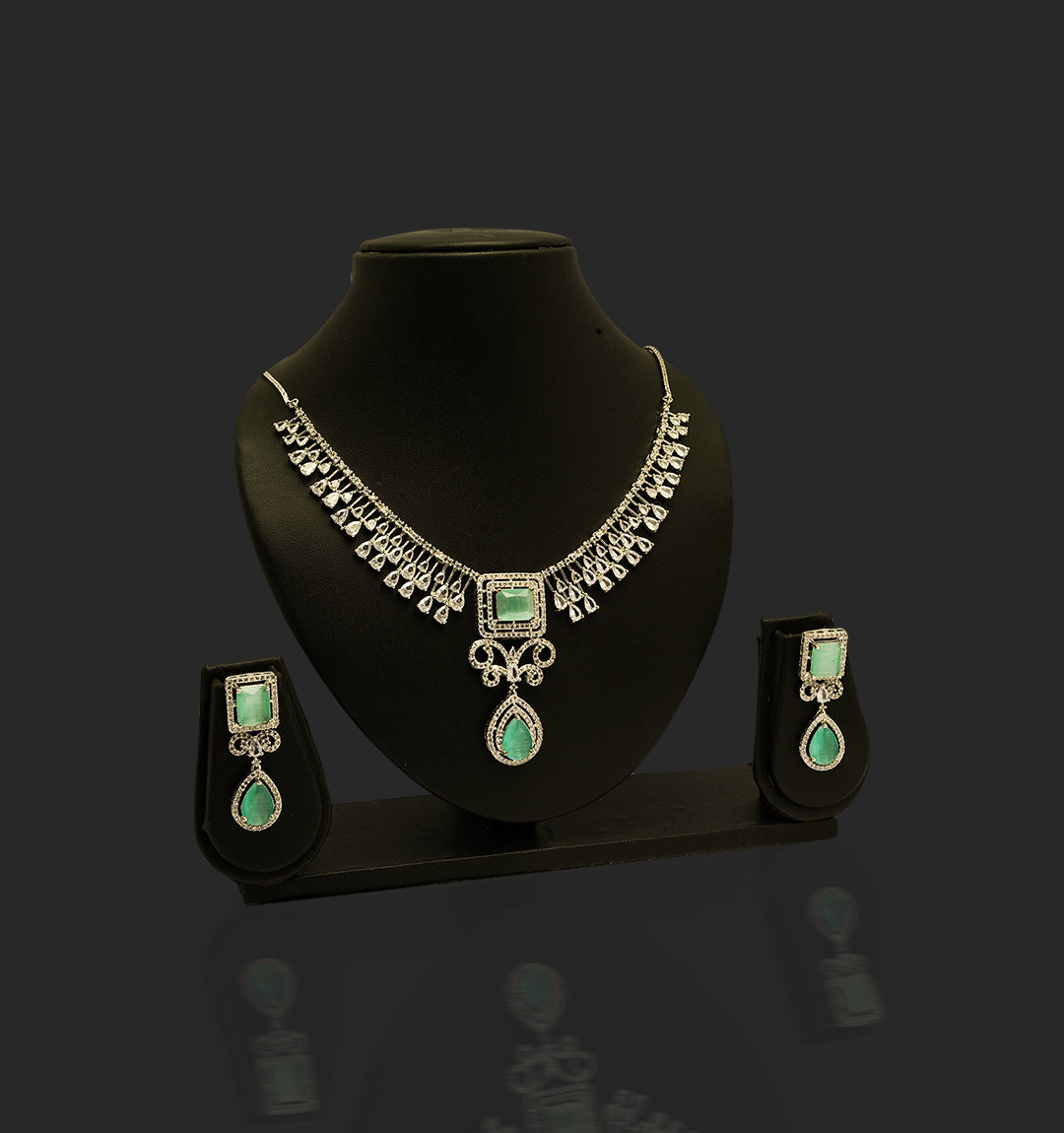 Green American Diamond Zircon Embellished Drop Pattern Necklace Set